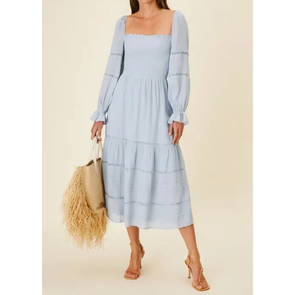 Reformation Jessy Dress Smocked Midi Dress Mineral Blue Boho Women's Size 6 - Picture 16 of 16
